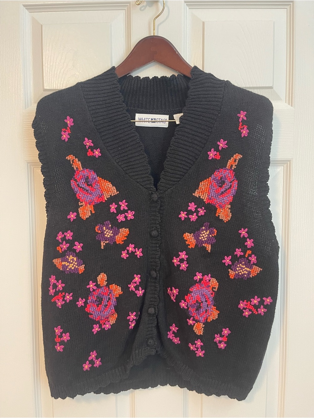 White Stag Black Floral Button-Up Sweater Vest